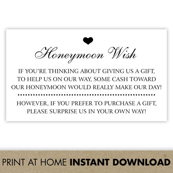 Honeymoon Wish Card Template / Printable Honeymoon Fund Insert or Honeyfund Enclosure Card for Wedding Invitations, Save The Dates