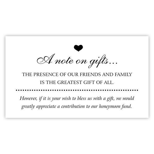 A Note on Gifts Card w/ Request for Honeymoon Fund Cash / Money for Honeymoon / Wedding Invitation Insert / Enclosure Card / Financial Gifts