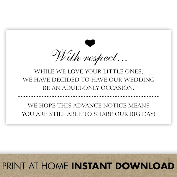 Printable No Kids / No Children Allowed at Wedding Invitation Insert / Adult Only Wedding Enclosure Cards / Black