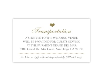 Wedding Transportation Cards | Reception Shuttle Service & Travel Information | Uber Cost | Instructions