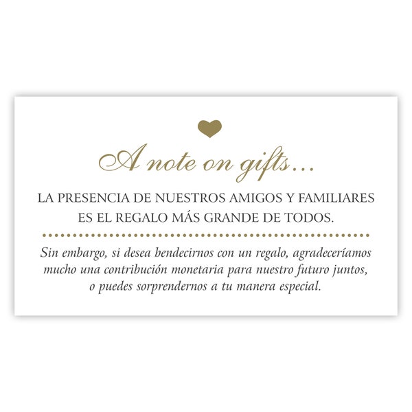 Request for Money at Wedding (Spanish Version), Monetary Gifts Card, Note on Gifts Card, Ask for Financial Gifts, Financial Contribution