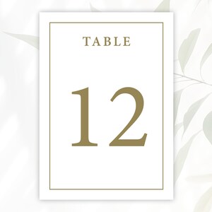 Tarjetas con números de mesa de 5 x 7 pulgadas impresas con borde dorado, números de mesa para recepción de bodas, simples, modernos, minimalistas, números de mesa para bodas formales
