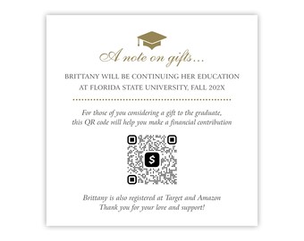 Graduation Registry Card for 2024 High School Graduation Announcement, Graduation Invitation Insert / Enclosure Card - Venmo Graduation Gift