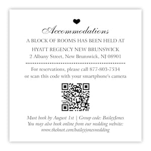 Cartão de acomodações em hotel com código QR para convite de casamento ou reserva de data com informações sobre o bloqueio de quartos de hotel | Detalhes da reserva de quartos