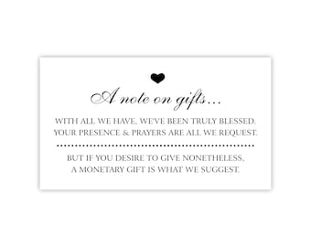 Request for Cash / Money Instead of Gifts | Monetary Gifts Card | A Note on Gifts Wedding Invitation Insert | Financial Gifts | Wedding Cash