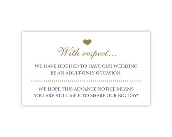 No Kids Wedding Card, Adult Only Wedding Invitation Insert / No Children Allowed at Wedding / Printed Card for Save The Date  / With Respect