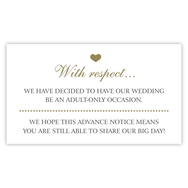 No Kids Wedding Card, Adult Only Wedding Invitation Insert / No Children Allowed at Wedding / Printed Card for Save The Date  / With Respect