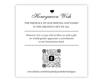 Honeymoon Wish Cards with QR Code, Honeymoon Fund Enclosure Cards / Wedding Invitation Inserts / Honeymoon Venmo QR code / Monetary Gifts