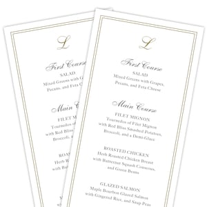 "Hochzeits-Empfangs-Menü mit Monogramm gedruckt | Brautparty-Menüs | Formelle Menüs für das Hochzeitsessen | Gold Monogram Dinner Menü für Hochzeit