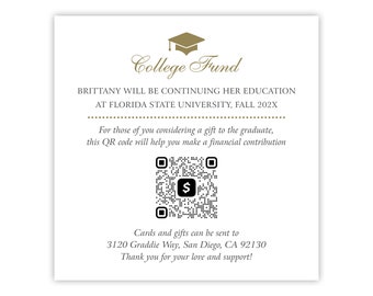 College Fund QR Code Card for High School Graduation Announcement / Printed Graduation Invitation Insert with Graduation Venmo or CashApp