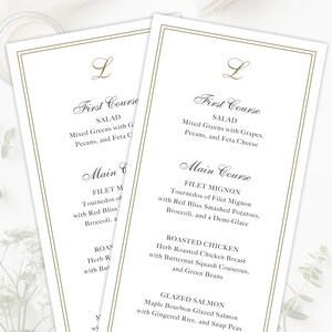 Gedrukte bruiloftsreceptiemenu's met monogram, vrijgezellenfeestmenu's, formele menu's voor bruiloftsdiner, gouden monogram dinermenu's voor bruiloft