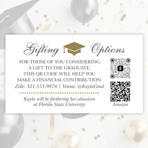 Opciones de obsequios para graduación con Venmo o código QR de Cash App, tarjeta de registro de regalos de graduación personalizada con efectivo para graduación, código QR impreso