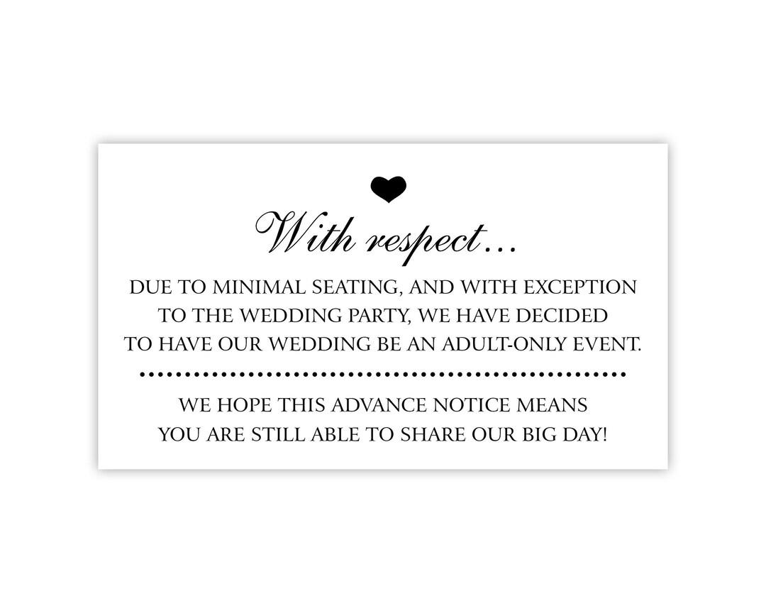 Printed No Children / No Kids Allowed at Wedding Enclosure Card, Adultsonly Wedding Invitation