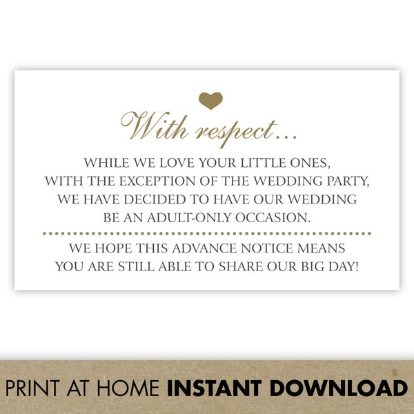 Printable Adults Only Wedding Invitation Insert Card / No Kids Allowed at Wedding / No Children Except Wedding Party / Adult Only Reception