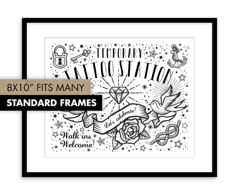 Temporary Tattoo Station Sign | Old School Flash Tattoo Party Decor (8x10 Printable)