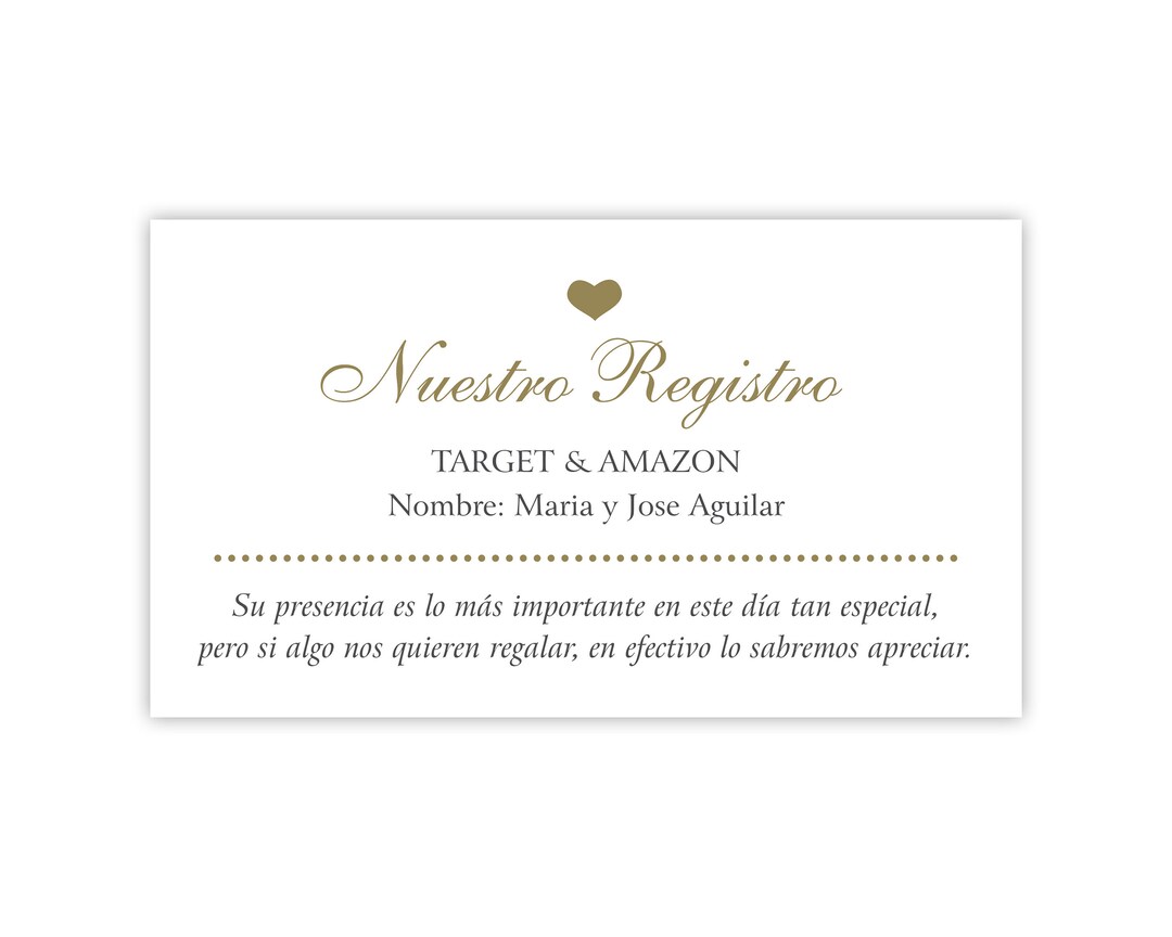 Spanish Gift Registry Card, Nuestro Registro, Spanish Wedding Registry, Gifts, or Cash
