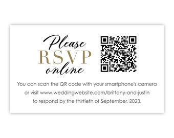 Printed RSVP Card with QR Code, Wedding Invitation Insert / Enclosure Card with Wedding Website QRC in Black & Gold, Reply / Respond Online
