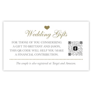 Tarjeta de registro de regalos de boda con código QR de Venmo / Regalos en efectivo, regalos monetarios, dinero para boda o luna de miel / Código QR para el registro de bodas