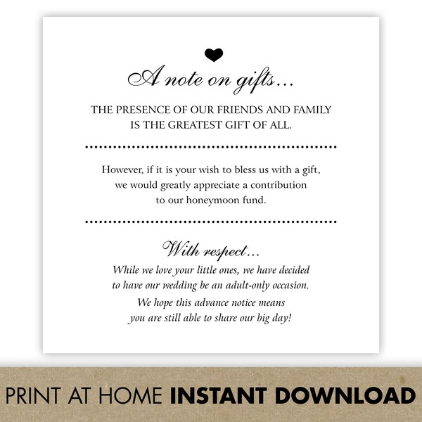 Ask for Honeymoon Cash / Request Money for Honeymoon Fund / No Kids /  No Children At Wedding / Wedding Invitation Insert / Printable File