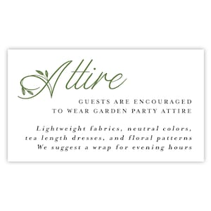 Carte pour tenue d'invité de mariage | imprimée de code vestimentaire de mariage | Que porter pour décorer un faire-part de mariage | Carte pour tenue de mariage en plein air