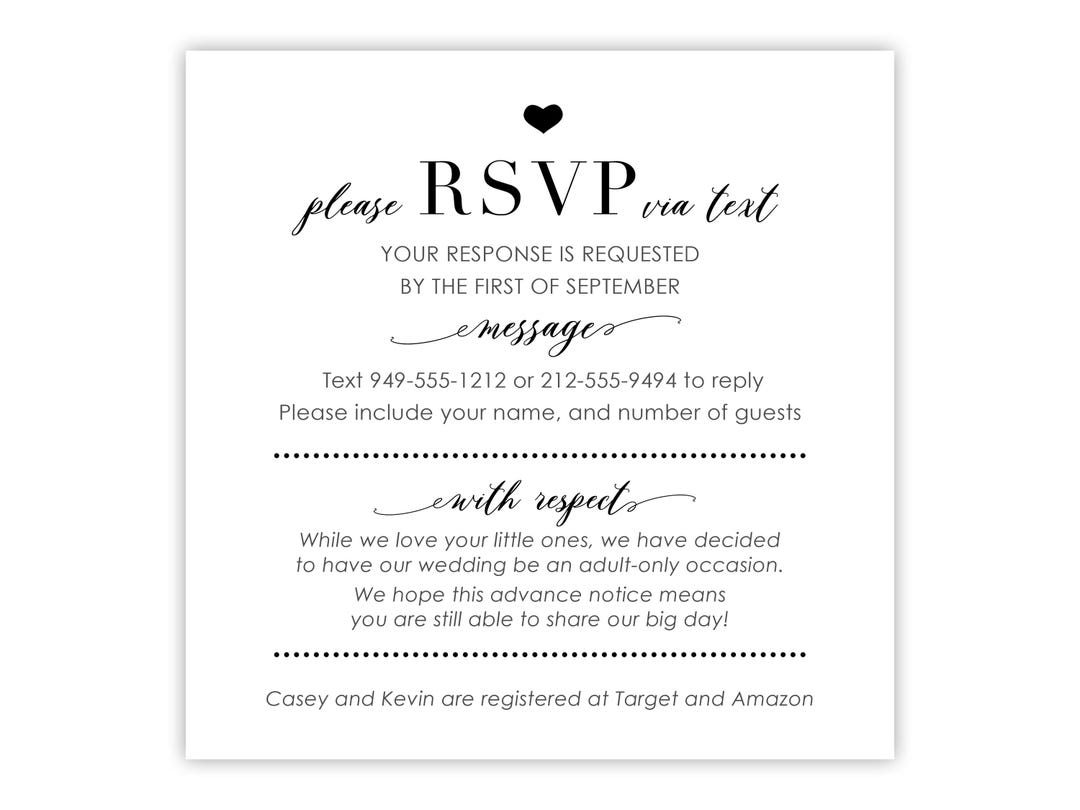 RSVP by Text Cards | Square Wedding Reply, No Envelope | Please No Kids  Note - Etsy Singapore