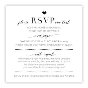 Antwortkarten von Text Cards | Quadratische Hochzeitsantwort, kein Umschlag | Bitte keine Kinder Hinweis