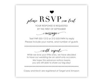 RSVP by Text Cards | Square Wedding Reply, No Envelope | Please No Kids Note