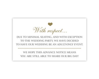 No Kids at Wedding Card / No Children Allowed at Wedding Invitation Insert Card for Adult Only Wedding Due to Minimal Seating / Small Venue