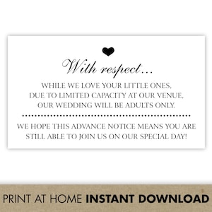 No Kids / No Children Allowed at Wedding Invitation Insert | Adult Only Wedding Enclosure Cards | Child Free Reception | Kid Free Wedding
