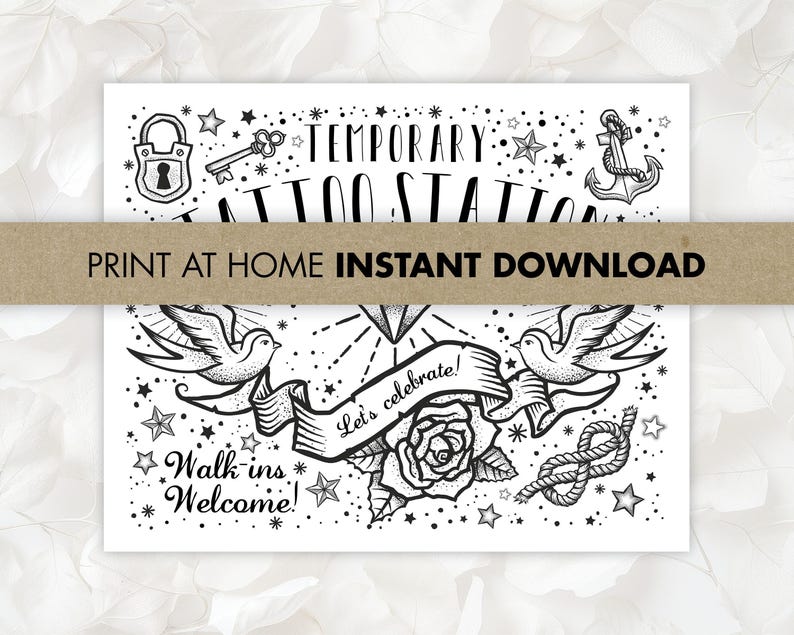 Temporary Tattoo Station Sign | Old School Flash Tattoo Party Decor (8x10 Printable)