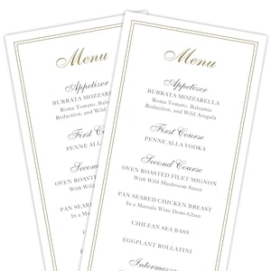 Drukowane karty menu weselnego | Klasyczne menu obiadowe | Formalne menu na przyjęcie weselne | Menu na brunch na wieczór panieński | Złote menu na wesele