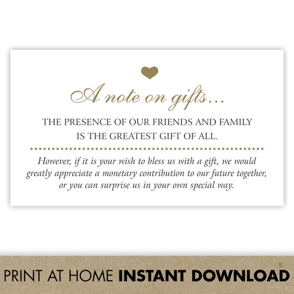 Printable Request for Cash Money Instead of Gifts at Wedding, Monetary Gifts, Note on Gifts, Ask for Financial Gifts, Financial Contribution