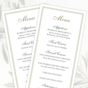 Menu per matrimoni stampati, menu per cene classiche, menu per ricevimenti di nozze formali, menu per brunch di addio al nubilato, menu Black Gold per matrimoni