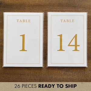Tafelnummerkaarten van 5 x 7 inch, bedrukt met gouden rand | Tafelnummers bruiloftsreceptie | Tafelnummers bruiloft | Klaar voor verzending | 25 tafelnummers
