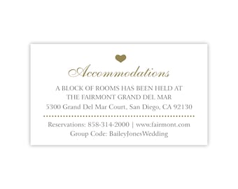 Wedding Accommodations Card w/ Room Block & Hotel Information, Destination Wedding Room Reservations, Printed Wedding Invitation Insert