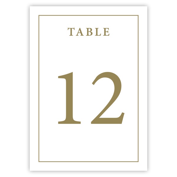 5x7" Table Number Cards Printed w/ Gold Border, Wedding Reception Table Numbers, Simple, Modern, Minimalist, Formal Wedding Table Number