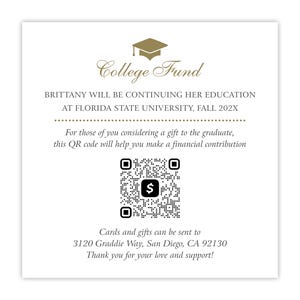 College Fund QR Code Card | Graduation Announcement Insert | High School Registry | Venmo | Cash App