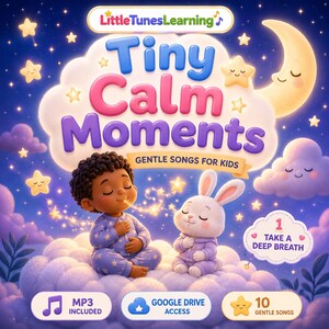 Pode incluir: Uma capa digital intitulada Tiny Calm Moments apresentando uma criança e um coelho branco sentados em uma nuvem. O texto diz LittleTunesLearning, Tiny Calm Moments, Gentle Songs For Kids, 1 Take A Deep Breath, MP3 Included, Google Drive Access, 10 Gentle Songs.