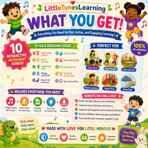 Puede incluir: Cartel educativo colorido para ni&ntilde;os, con el texto "WHAT YOU GET!" y "LittleTunesLearning." Incluye t&iacute;tulos de canciones, ideas de actividades y beneficios para los ni&ntilde;os. El cartel est&aacute; dise&ntilde;ado para un aprendizaje divertido, activo y atractivo.
