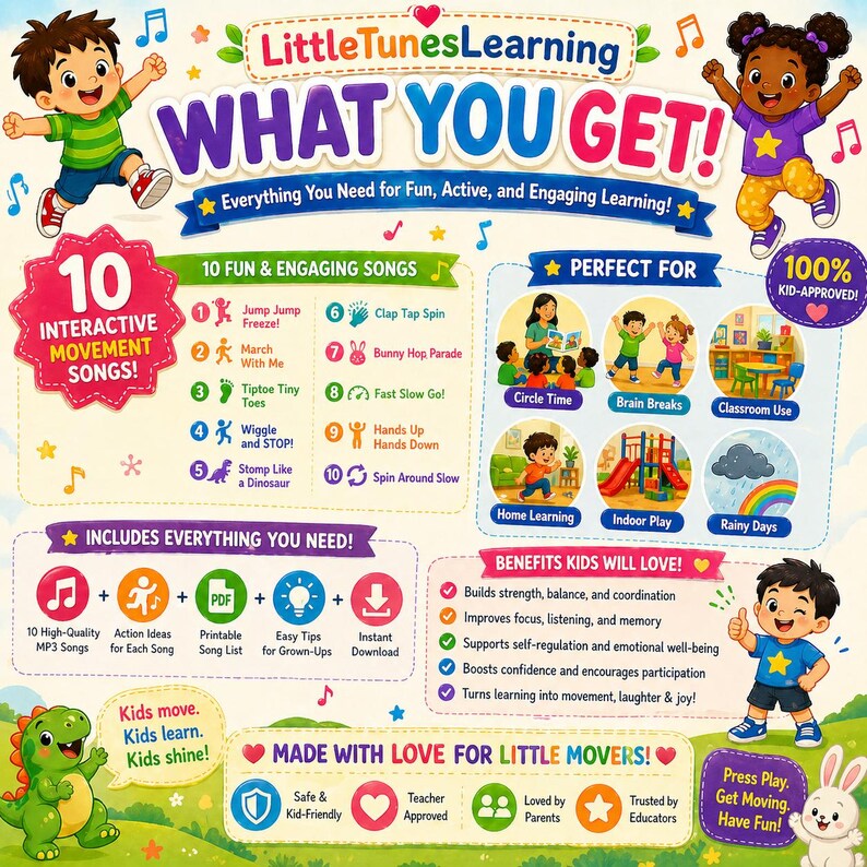Puede incluir: Cartel educativo colorido para ni&ntilde;os, con el texto "WHAT YOU GET!" y "LittleTunesLearning." Incluye t&iacute;tulos de canciones, ideas de actividades y beneficios para los ni&ntilde;os. El cartel est&aacute; dise&ntilde;ado para un aprendizaje divertido, activo y atractivo.