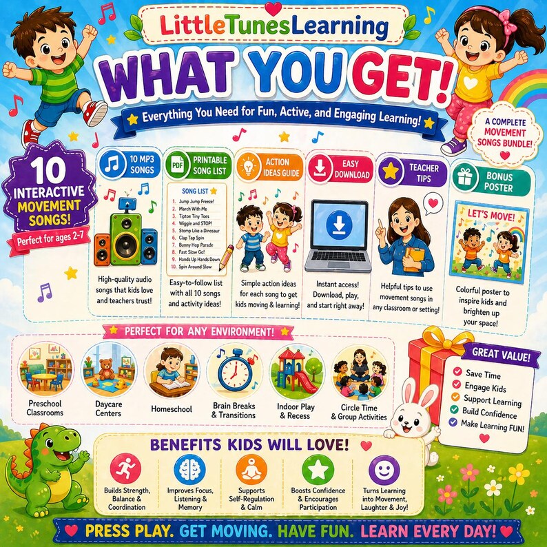 Puede incluir: Cartel educativo colorido con el texto "WHAT YOU GET!" con ni&ntilde;os animados, notas musicales e iconos. Incluye canciones de movimiento interactivas, listas de canciones imprimibles e ideas de acci&oacute;n para ni&ntilde;os de 2 a 7 a&ntilde;os. Ideal para guarder&iacute;as y centros de cuidado infantil.