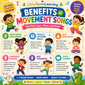 Puede incluir: Cartel educativo colorido que promueve los beneficios de las canciones de movimiento para ni&ntilde;os. Presenta ilustraciones de dibujos animados de ni&ntilde;os y texto que destaca el desarrollo motor grueso, el enfoque, la autorregulaci&oacute;n y m&aacute;s. Incluye el texto "Fun Today, Stronger Tomorrow!"