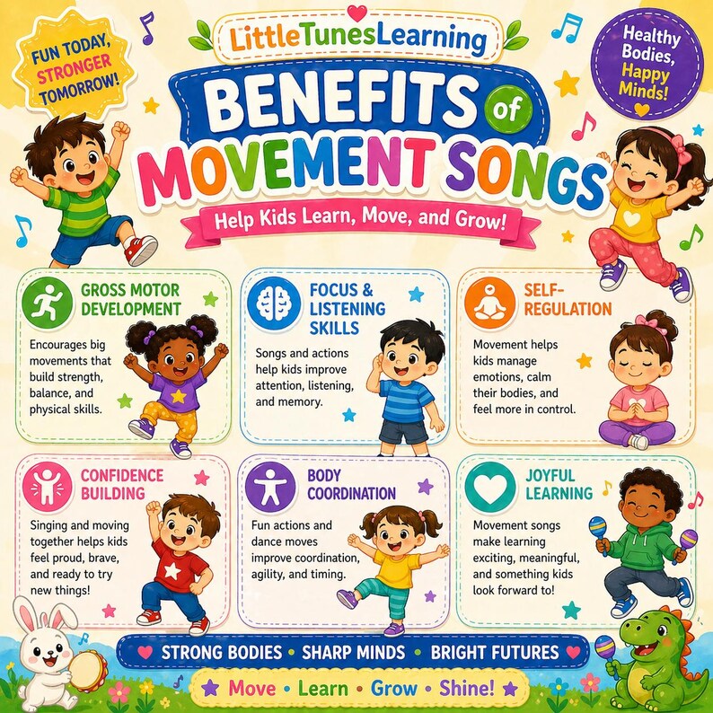 Puede incluir: Cartel educativo colorido que promueve los beneficios de las canciones de movimiento para ni&ntilde;os. Presenta ilustraciones de dibujos animados de ni&ntilde;os y texto que destaca el desarrollo motor grueso, el enfoque, la autorregulaci&oacute;n y m&aacute;s. Incluye el texto "Fun Today, Stronger Tomorrow!"