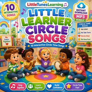 Puede incluir: Un producto educativo digital titulado Little Learner Circle Songs con 10 canciones interactivas. La portada muestra a cinco niños diversos sentados en una alfombra circular colorida, con texto que incluye LittleTunesLearning, Instant Download MP3 Bundle y Circle Time Rules.