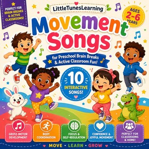 Puede incluir: Un colorido p&oacute;ster educativo infantil titulado "Movement Songs" con ilustraciones de ni&ntilde;os y animales. El p&oacute;ster promueve pausas cerebrales preescolares y diversi&oacute;n activa en el aula, con texto que indica 10 canciones interactivas. Dise&ntilde;ado para ni&ntilde;os de 2 a 6 a&ntilde;os.