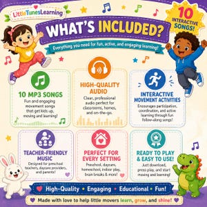 Puede incluir: Gr&aacute;fico educativo colorido con el texto "&iquest;Qu&eacute; est&aacute; incluido?" e ilustraciones de ni&ntilde;os, notas musicales e iconos. Incluye 10 canciones interactivas, audio de alta calidad y actividades de movimiento interactivas. Dise&ntilde;ado para profesores de preescolar, guarder&iacute;as y padres.