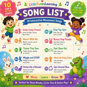 Puede incluir: Un colorido p&oacute;ster educativo titulado "Song List" con 10 canciones de movimiento interactivas. El p&oacute;ster presenta ilustraciones de dibujos animados de ni&ntilde;os y animales, con t&iacute;tulos de canciones como "Jump Jump Freeze!" y "Clap Tap Spin!". El tema es el aprendizaje divertido y activo.