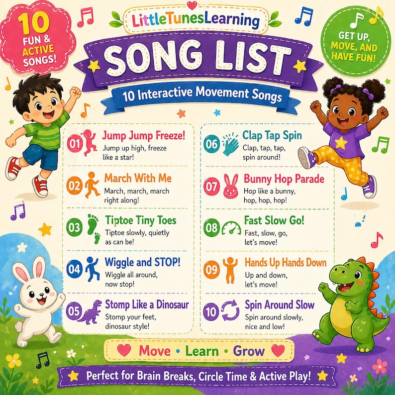 Puede incluir: Un colorido p&oacute;ster educativo titulado "Song List" con 10 canciones de movimiento interactivas. El p&oacute;ster presenta ilustraciones de dibujos animados de ni&ntilde;os y animales, con t&iacute;tulos de canciones como "Jump Jump Freeze!" y "Clap Tap Spin!". El tema es el aprendizaje divertido y activo.