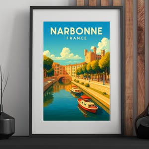 Vintage Narbonne Poster – Retro Illustration of City Center and Canal – Decorative Travel Poster – Lovers of Aude – French City Wall Art