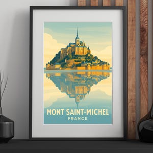 Plakat vintage Mont Saint-Michel – Normandia, ilustracja retro – dekoracyjny plakat podróżniczy – prezent z francuskiego dziedzictwa – sztuka ścienna francuskiego miasta